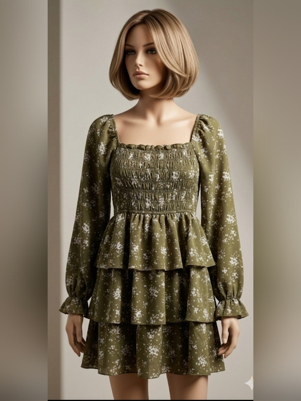 Inspired Hearts Olive Floral Smocked Square-Neck Tiered Tunic